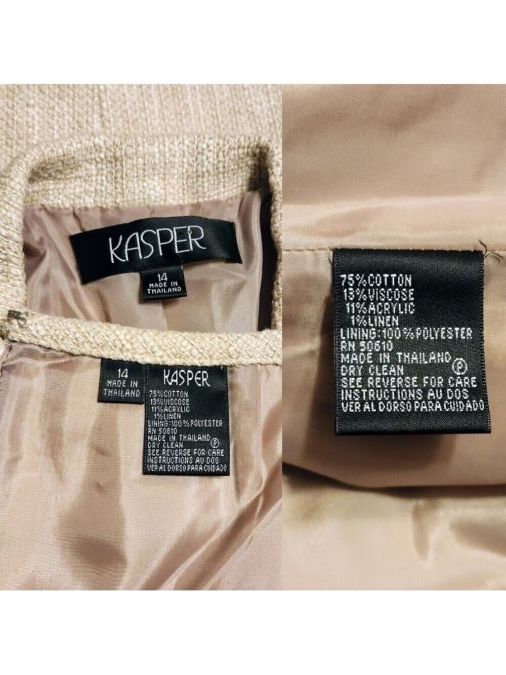 Kasper Beige Woven Blazer Skirt Suit Size 14 - Picture 11 of 12